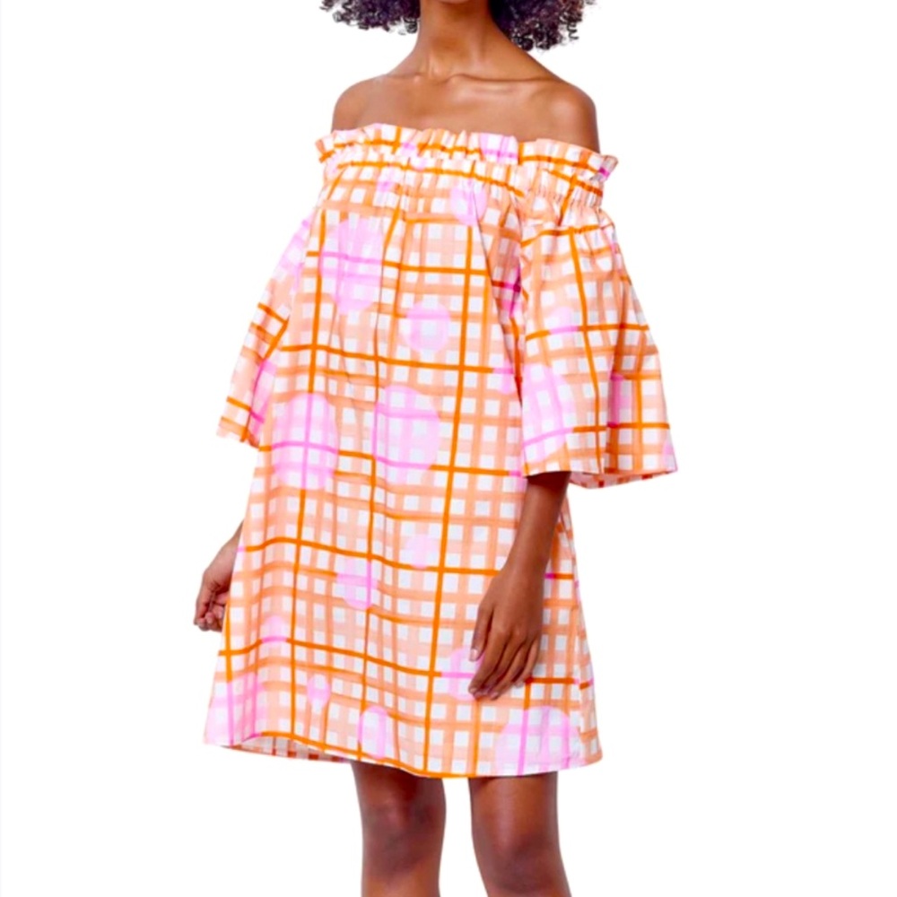 Corey Lynn Calter Mary off the shoulder ruffle dress pink orange plaid size XL